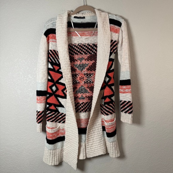 Atmosphere Cardigan Open Front Duster Geometric Aztec Print Sweater‎ Knit - Picture 2 of 8